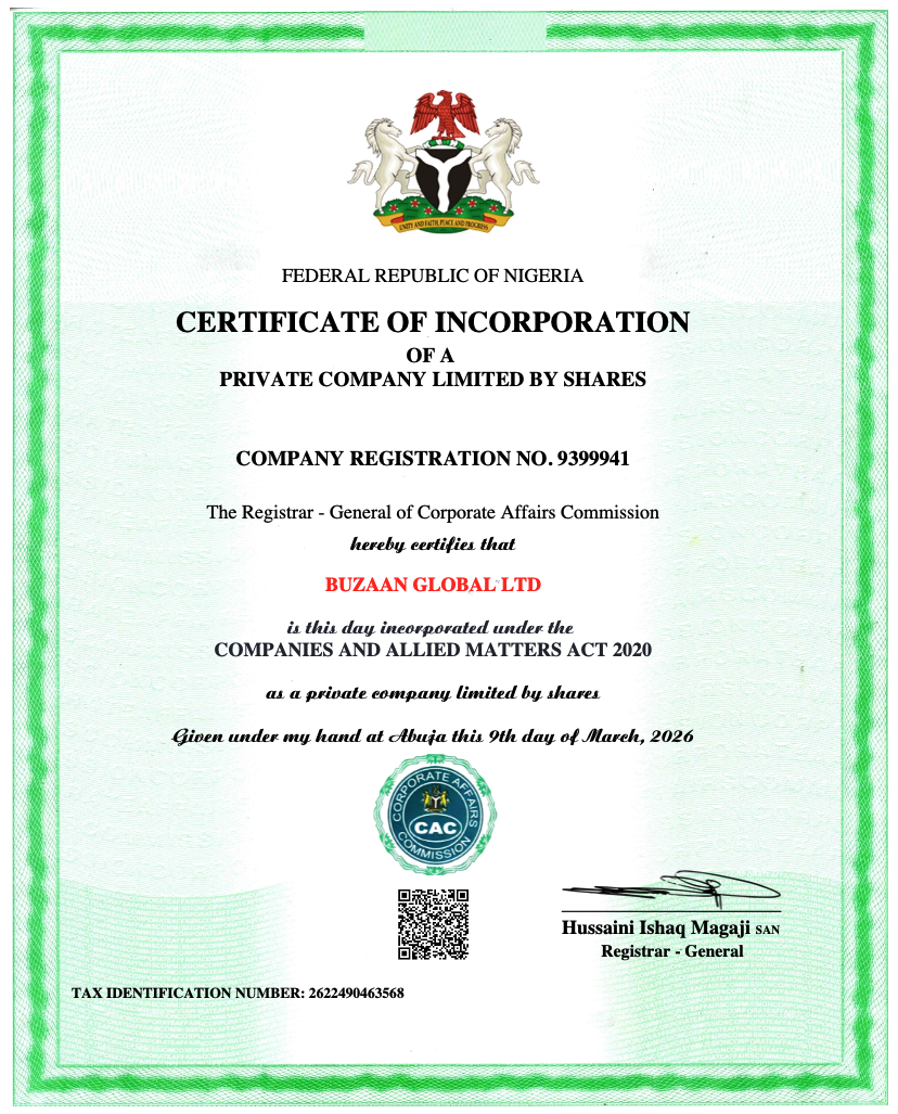Buzaan Global CAC Certificate of Incorporation