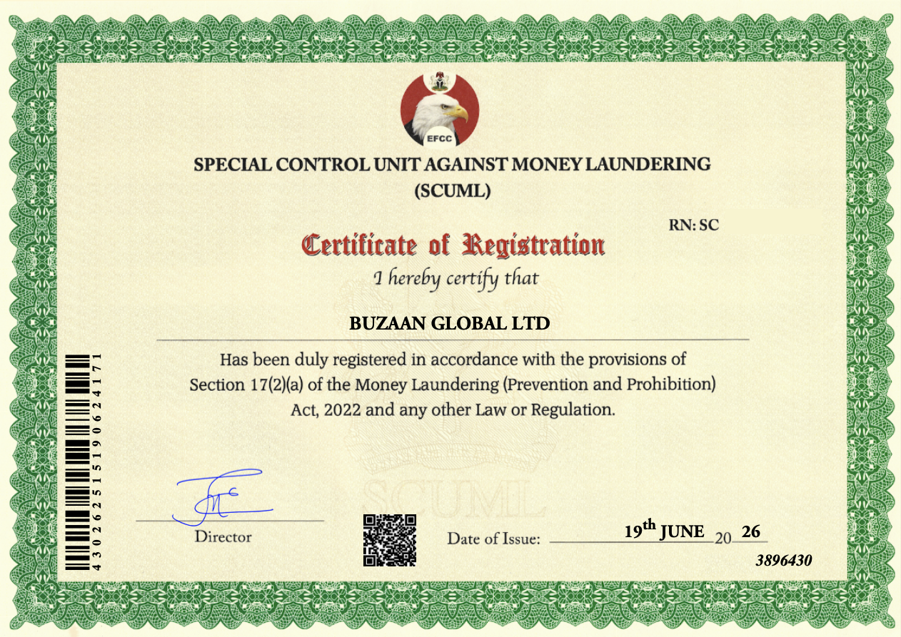 Buzaan Global SCUML Certificate of Registration